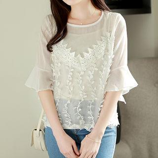 Frill-sleeve Lace-overlay Chiffon Top