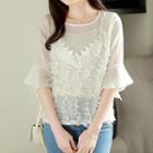 Frill-sleeve Lace-overlay Chiffon Top