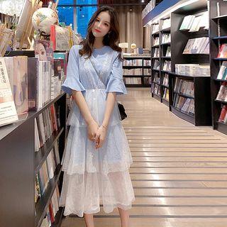 Set: Elbow-sleeve T-shirt Dress + Sequined Mesh Sleeveless A-line Dress