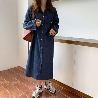 Long-sleeve Denim Midi Shirt Dress Dark Blue - One Size