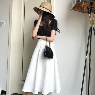 Set: Square Neck Short Sleeve Top + Plain Midi A-line Skirt