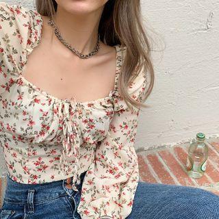 Long-sleeve Floral Print Square-neck Top White - One Size