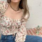 Long-sleeve Floral Print Square-neck Top White - One Size