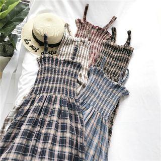 Plaid Shirred Midi Spaghetti Strap Dress