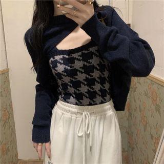 Set: Houndstooth Knit Camisole Top + Shrug