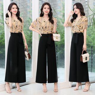 Set: V-neck Floral Print Smocked-waist Top + Cropped Wide-leg Pants