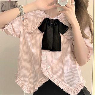 Elbow-sleeve Collared Plaid Blouse Plaid - Pink - One Size
