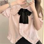 Elbow-sleeve Collared Plaid Blouse Plaid - Pink - One Size