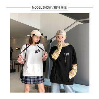 Couple Matching Mock Two-piece Long-sleeve Plaid Paneled Letter Hoodie