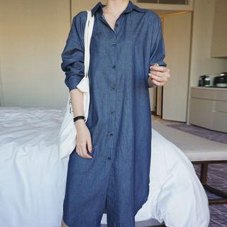 Pocket-side Long Denim Shirtdress