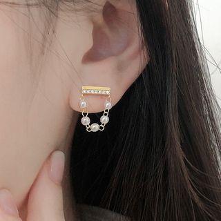 Beaded Chain Drop Sterling Silver Ear Stud 1 Pair - 925 Silver - Gold - One Size