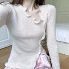Ruffled Asymmetrical Knit Top Light Pink - One Size