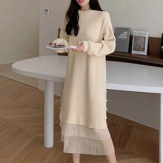 Long-sleeve Sheer Panel Midi Sweater Dress