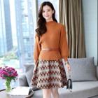Set: Puff-sleeve Ribbed Top + Patterned A-line Skirt