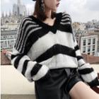 Striped Panel Ripped Sweater Black & White - One Size