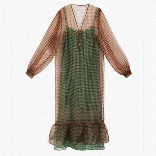 Spaghetti Strap Check Midi Shift Dress