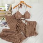 Set: Halter-neck Crocheted Knit Top + Wide-leg Pants