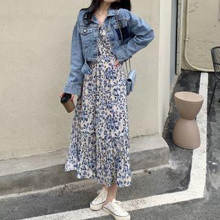 Long-sleeve Floral Print Midi A-line Dress / Denim Jacket