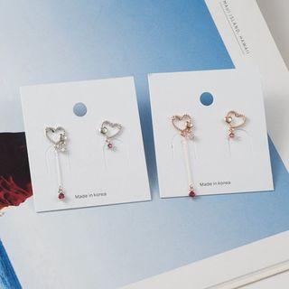925 Sterling Silver Asymmetric Rhinestone Heart Drop Earring Rose Gold - One Size