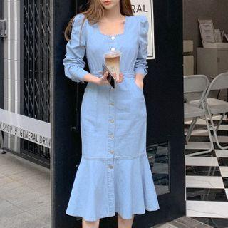 Square-neck Button-front Denim Mermaid Dress