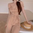 Set: Puff-sleeve Ruffled Blouse + Wide-leg Pants