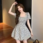 Short-sleeve Floral Beaded Trim Mini A-line Dress