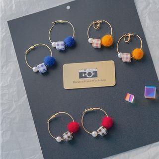 Plaid Cube Bobble Faux Pearl Hoop Earring