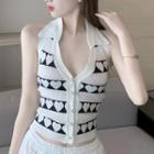Collared Heart Print Knit Crop Tank Top Black & White - One Size
