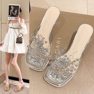 Beaded Transparent Strap Block Heel Slide Sandals