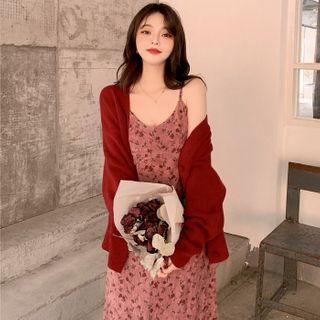 Floral Spaghetti Strap Midi A-line Dress / Cardigan