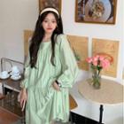 Long-sleeve Mock Two Piece Midi A-line Dress Mint Green - One Size