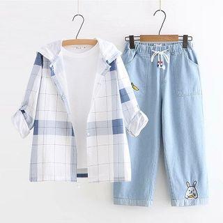 Plaid Hooded Shirt / Cropped Jeans / Set