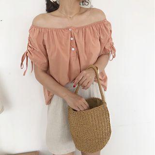 Short-sleeve Drawstring Placket Top
