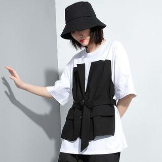 Mock Two-piece Belted Short-sleeve T-shirt