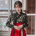 Set: Hanbok Top (floral / Black) + Skirt (midi / Red)
