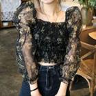 Long-sleeve Floral Print Chiffon Top Black - One Size