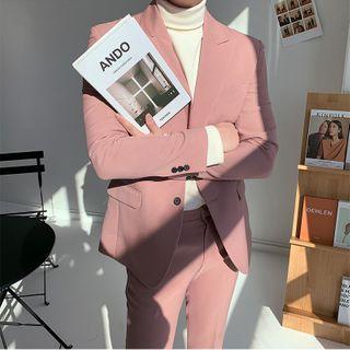 Set: Plain Double-breasted Blazer + Pants
