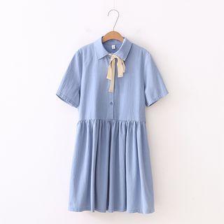 Bow Neck Short-sleeve Shirt Dress