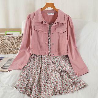 Set: Denim Jacket + Spaghetti Strap Flower Print Mini A-line Dress