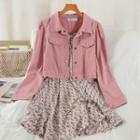 Set: Denim Jacket + Spaghetti Strap Flower Print Mini A-line Dress