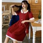 Short-sleeve Eyelet Lace Collar A-line Dress Red - One Size