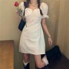 Short-sleeve Plain Ruffled Mini Dress White - One Size