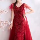 Embroidered Mesh Panel Short-sleeve Sheath Evening Gown