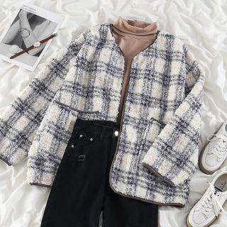 Plaid Faux Shearling Jacket Plaid - Black & White - One Size