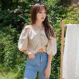 Off-shoulder Drawstring-front Stripe Top