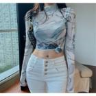 Long-sleeve Mock Neck Printed Top As Shown In Figure - One Size