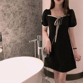 Contrast Trim Bow Puff-sleeve Mini A-line Dress
