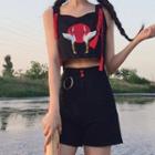 Set: Embroidered Tassel Sleeveless Cropped Top + High-waist Shorts