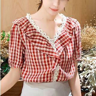 V-neck Checked Short-sleeve Blouse