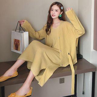 Set: Spaghetti Strap Knit Midi Dress + Ribbed Cardigan